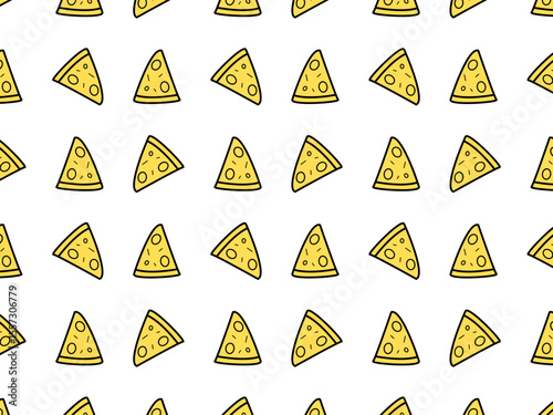Seamless pattern of cartoon-style pizza slices arranged diagonally. The design is simple and playful, suitable for food-themed prints or packaging.