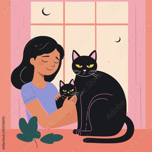 
An illustration of a catgal tenderly holding her black cat on twilight in her cozy room to comfort her after her mom death, and the cat looking serene or affectionately alert.