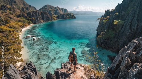 man standing on cliff overlooking turquoise bay and limestone mountains, adventure 