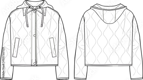  Stylish quilted hooded jacket technical flat sketch, featuring a trendy cropped fit, ideal vector template for modern outerwear fashion apparel designs.