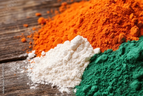 powders from natural dyes for the traditional Indian Holi holiday in India in the national colors of the Indian flag