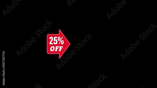 25 percent off. Arrow points to a product, item or service with a 25 percent discount. Animated banner for marketing and advertising