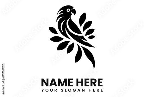 Elegant black parrot logo design, nestled amidst stylized leaves.