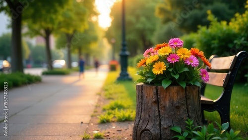 Vibrant bouquet of colorful flowers arranged in a rustic tree stump planter, situated on a park pathway near a park bench during a golden hour sunset.