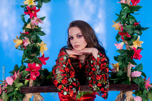 A stunning portrait of a model posed against a floral background in a vibrant outfit