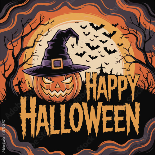 Spooky Halloween night with witch, pumpkin, and bats, a dark vector illustration perfect for autumn holiday celebration cards and party posters