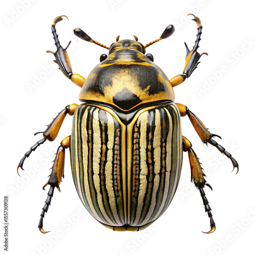 Detailed macro view of a striped beetle with yellow and black markings on its elytra and body isolated on transparent background
