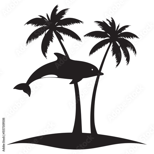 Silhouette of a playful dolphin leaping between two palm trees on a small island against a white background