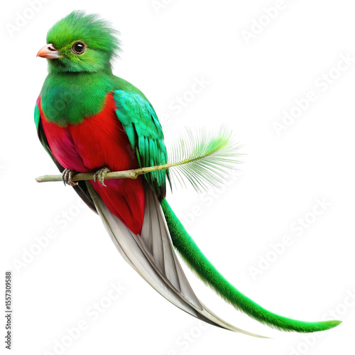 Resplendent quetzal bird with vibrant green and red plumage perched on a branch isolated on transparent background