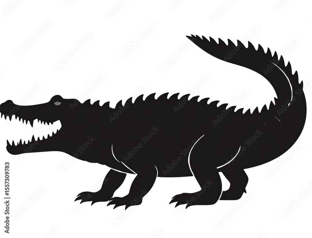 Fototapeta premium Minimal Crocodile Silhouette with Long Tail and Open Jaw – Vector PNG.