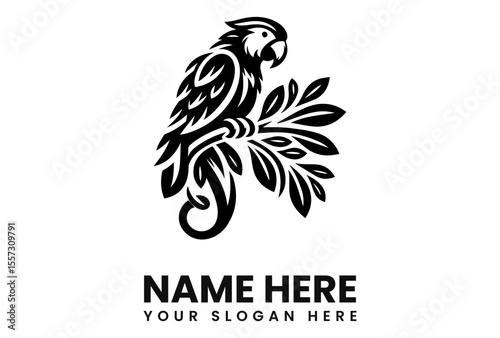 Graphic illustration of a parrot perched on a leafy branch, with text placeholders below.