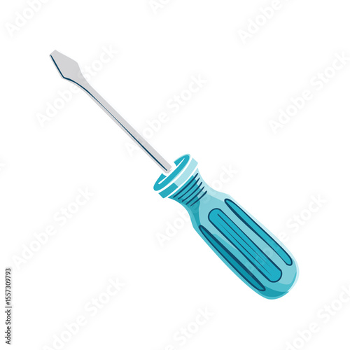 Cartoon Illustration of a Flathead Screwdriver with Blue Handle on Black Background