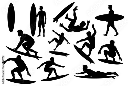 Surfing silhouettes of surfers on surfboards riding ocean waves at the beach
