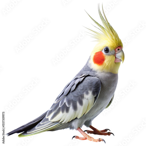 A detailed studio portrait of a beautiful cockatiel with a yellow crest and orange cheek patches isolated on transparent background