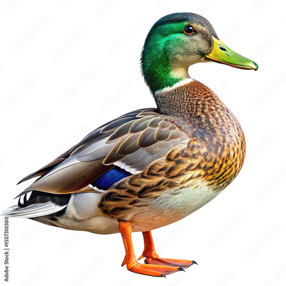 Obraz premium Detailed portrait of a male mallard duck with iridescent green head and vibrant orange feet isolated on transparent background