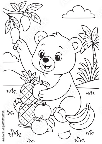 Coloring book bear picking tropical fruits joyfully under a tree.