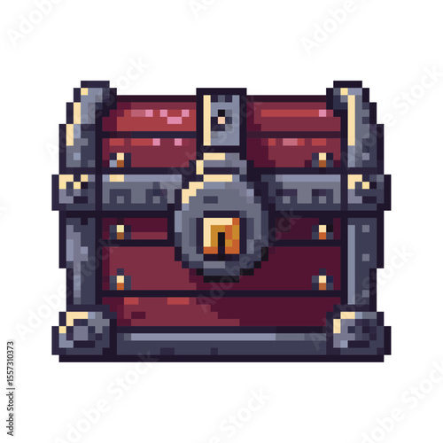 Pixel Art Treasure Chest with Lock, Dungeon Game Item. Pixel art illustration of a closed wooden treasure chest, reinforced with dark metal bands and featuring a prominent, heavy lock.