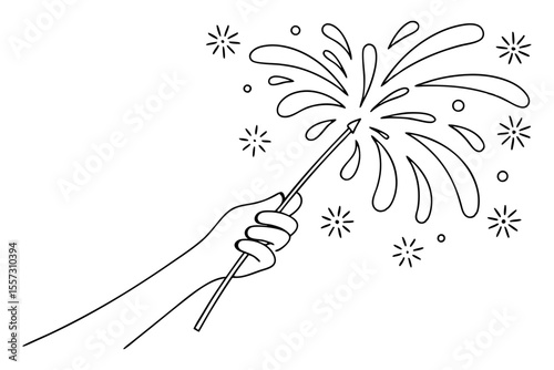 Celebration hand holding fireworks in minimalist line drawing