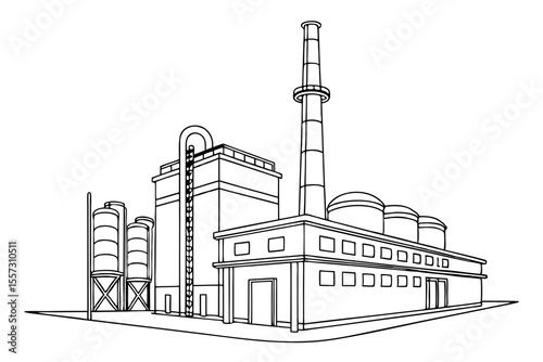 Factory in simple line drawing industrial production minimal sketch