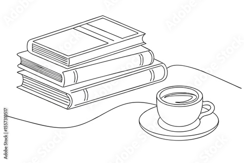 Minimalist art of coffee cup with books in one line sketch relaxation