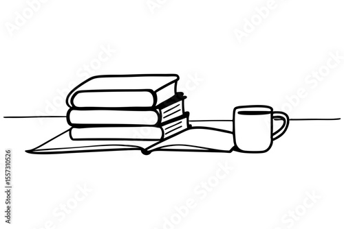 Books and coffee in line drawing relaxation and reading minimalist theme