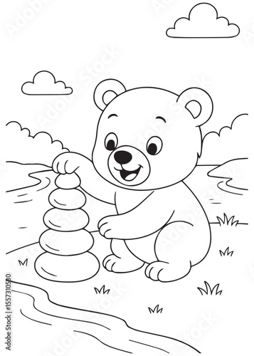 Coloring book bear stacking stones beside a river calmly