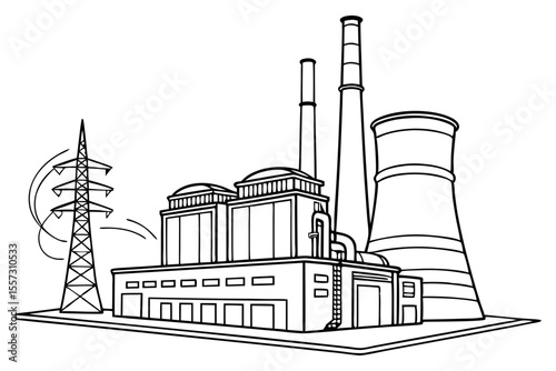 Industrial facility power plant sketch in clean line minimalist style