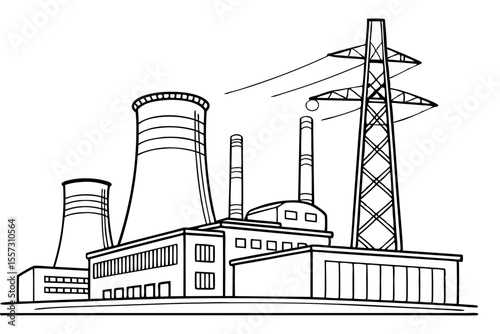 Power plant in single line drawing industrial energy minimalist design