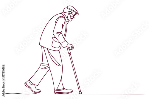 Old man with cane walking in one line drawing elderly life minimalist sketch