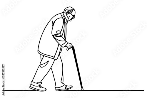 Elderly man walking in minimalist line art with cane on white background