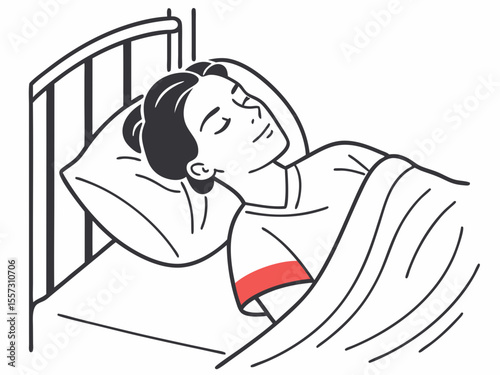 Woman resting in bed minimalist sleep concept line drawing on white