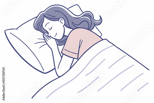 Sleeping woman in bed minimal line art rest and relaxation illustration