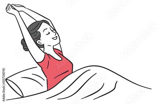 Morning wake up stretch woman in bed line drawing on clean background