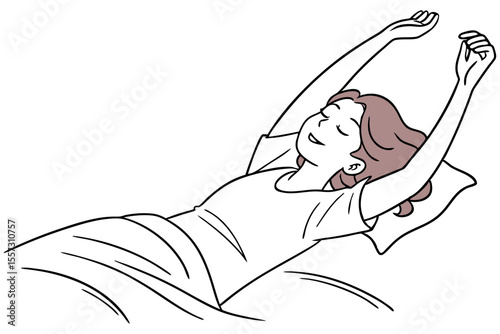 Stretching woman in bed line drawing morning routine minimalist art