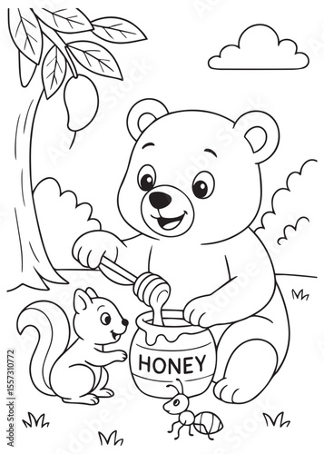 Coloring book bear sharing honey with a friendly squirrel in the woods