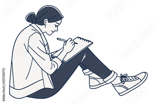 Daily journaling woman in one line drawing minimal productivity concept