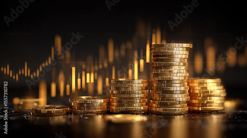 Stack of golden coins growing higher with digital bar graph overlay, futuristic financial technology background photo