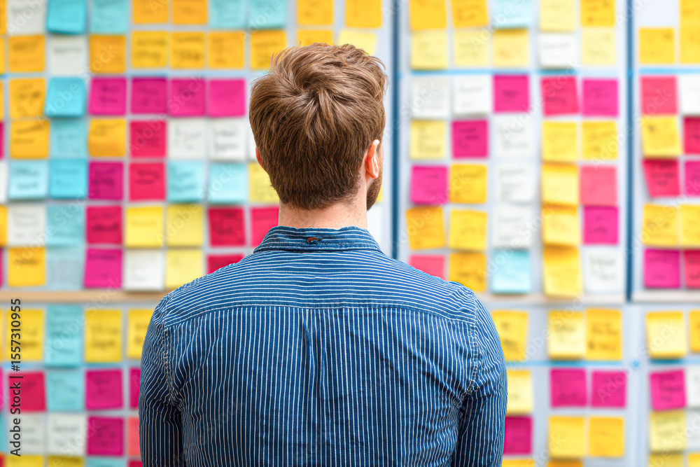 Fototapeta premium A man in a striped shirt stands facing a wall covered with colorful sticky notes, likely organizing ideas or planning a project.