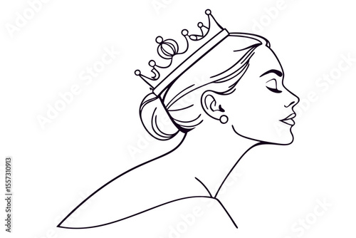 Minimal line art of beautiful queen woman with crown on clean white background