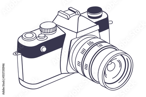 Modern camera in simple line minimalist art on clean backdrop