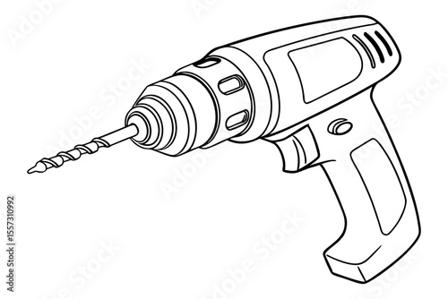 Electric drill with spiral bit minimal line art on white background