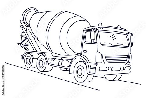 Concrete mixer truck line art minimal sketch on white background