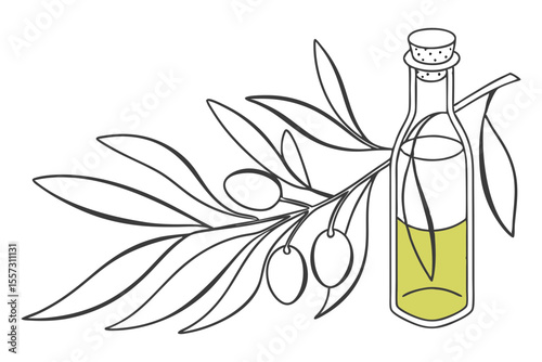 Minimal line art of olive oil and bottle for healthy food concept