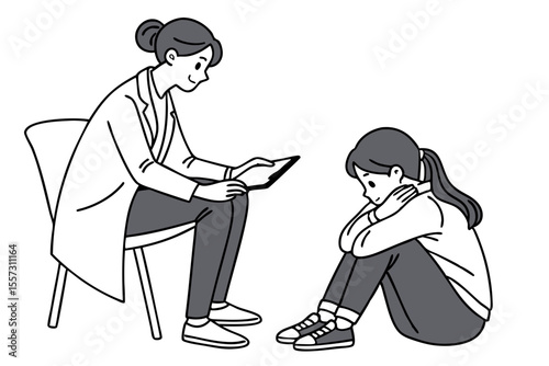 Therapist and depressed girl session in line drawing on white