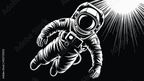 Black and White Illustration of an Astronaut Floating in Space with Shining Rays
