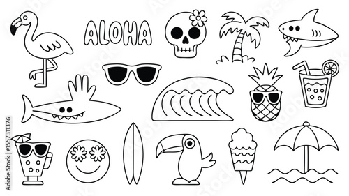 Black and White Summer Themed Doodle Sheet with Beach and Hawaiian Elements