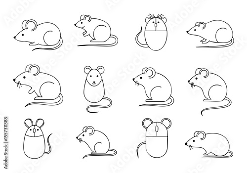 Line Art Illustration of a Mouse Animal with Different Perspective Icon Set