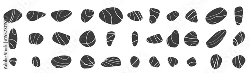Flat sea stones collection. Pebbles of different shapes