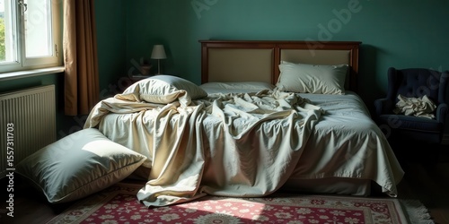 A casually unmade bed with creamy linens and pillows rests in a sunlit bedroom, next to a dark armchair.