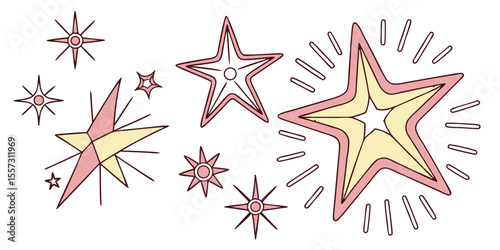 Hand drawn vector illustration of various stylized stars in pastel colors including starbursts for a whimsical and celebratory graphic design element.